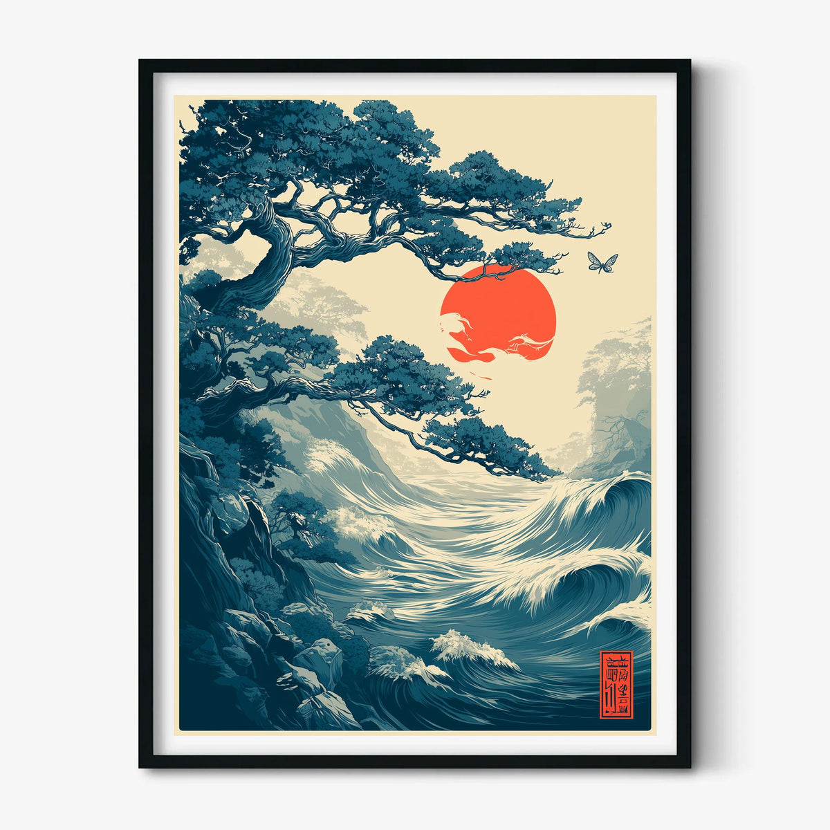 Japanese Wave Wall Art Print, Coastal Poster, Red Sun Art Print, Ukiyo-e Ocean Decor