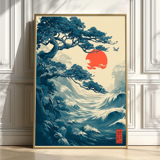 Japanese Wave Wall Art Print, Coastal Poster, Red Sun Art Print, Ukiyo-e Ocean Decor