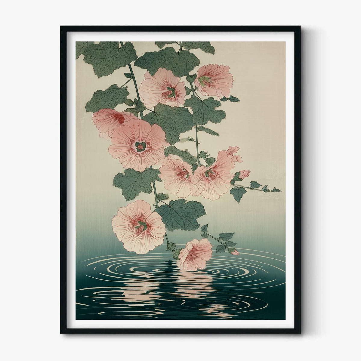 Hollyhock Wall Art Print, Japanese Botanical Flower Poster, Pink Floral Water Reflection Decor