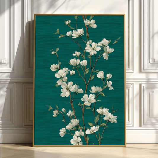 White Blossom Wall Art Print, Emerald Green Botanical Poster, Elegant Floral Decor