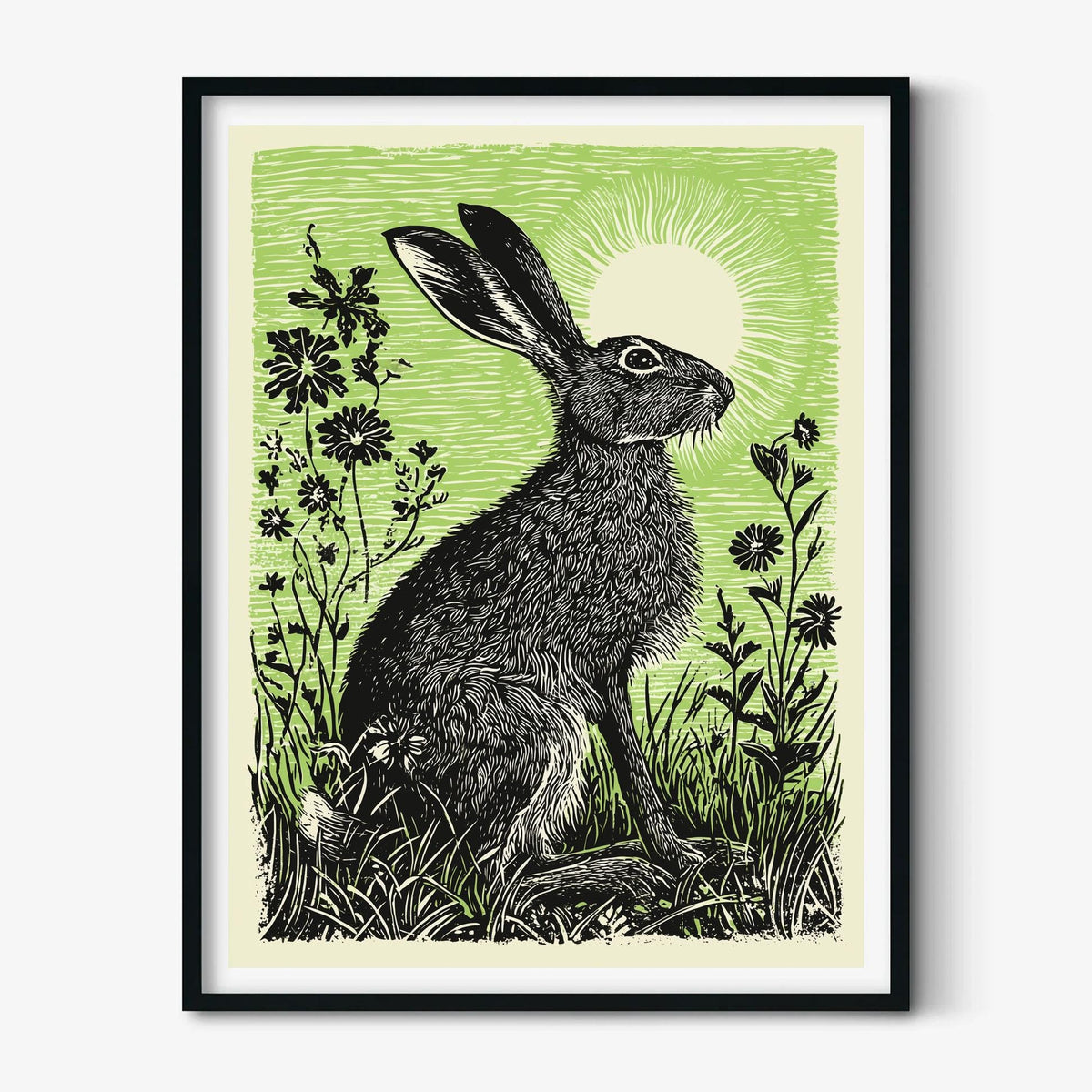 Hare Poster Print, Green Linocut Style, Woodland Hare and Meadow Flower Decor