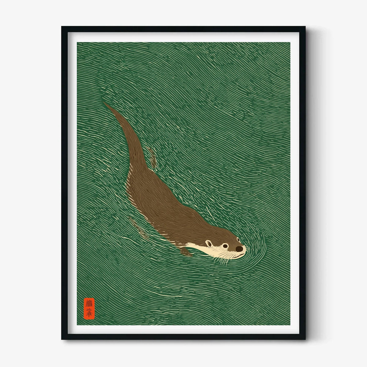 Otter Swimming Print, Green Japanese Woodblock Wall Art