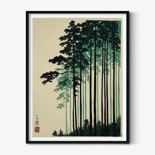 Japanese Pine Forest Print, Tree Wall Art, Woodblock Poster, Minimalist Zen Home Decor