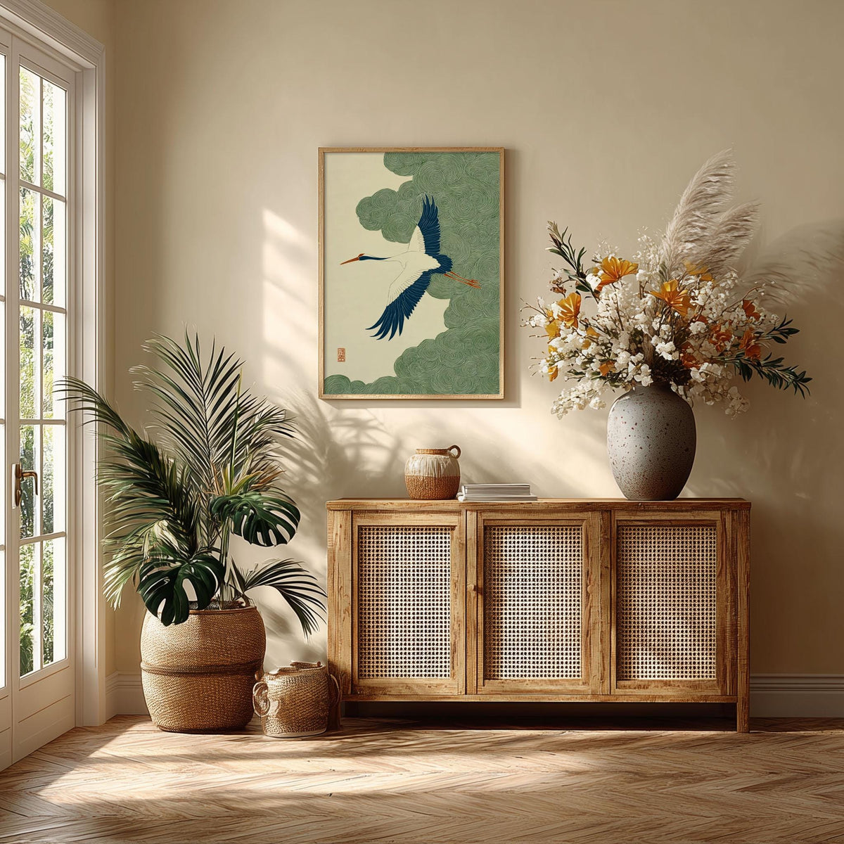 Japanese Crane Print, Bird Wall Art, Zen Nature Poster, Japandi Home Decor