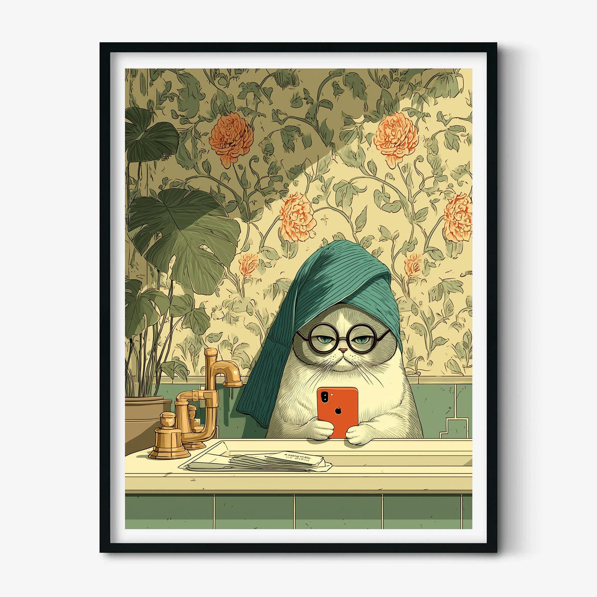 Cat Poster, Funny Cat Print, Quirky Wall Art, Green Bathroom Decor