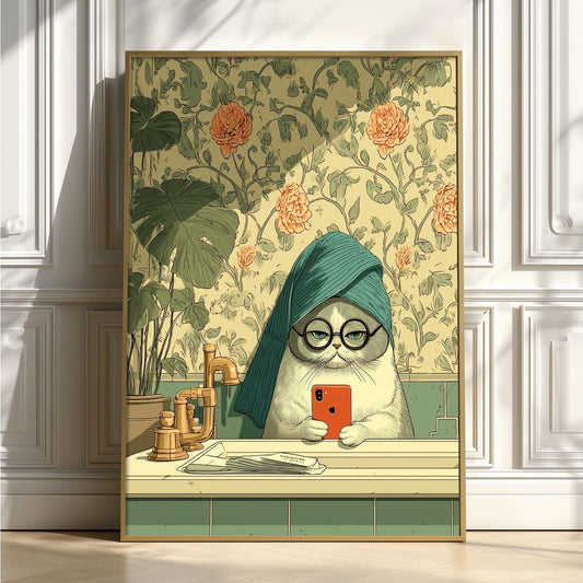 Cat Poster, Funny Cat Print, Quirky Wall Art, Green Bathroom Decor