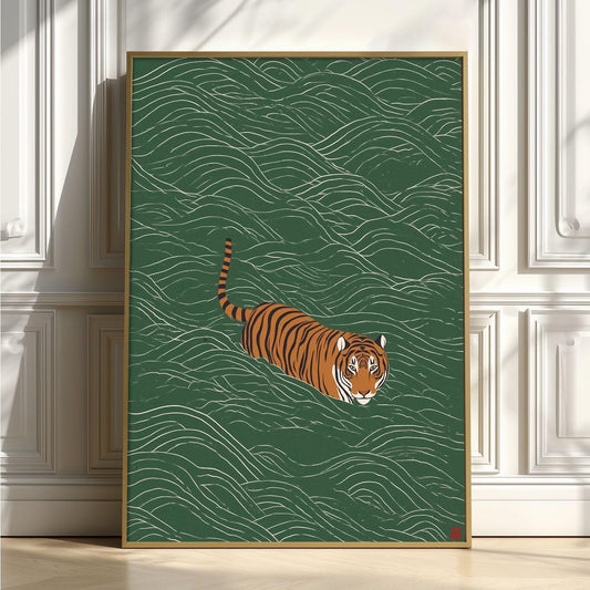 Swimming Tiger Poster, Green Wall Art, Japanese Style Print, Wildlife Illustration