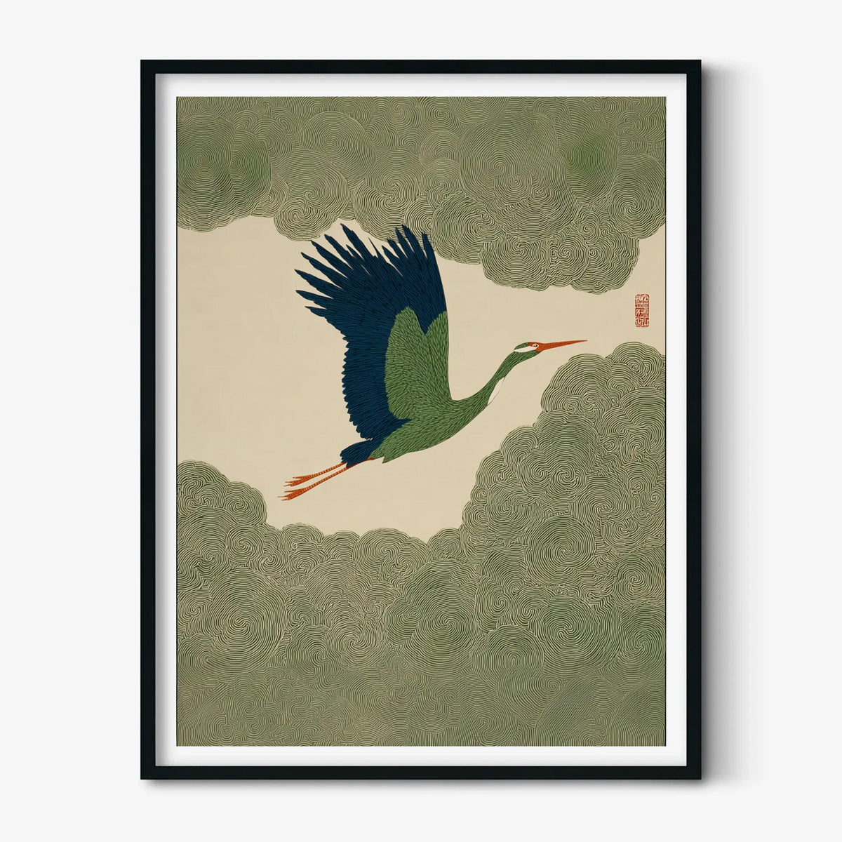 Green Crane Poster, Japanese Wall Art, Flying Bird Print, Zen Illustration