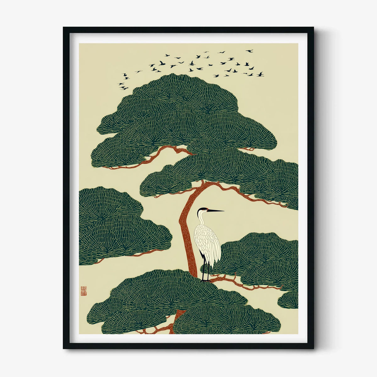White Heron Print, Japanese Poster, Bird Wall Art, Green Illustration