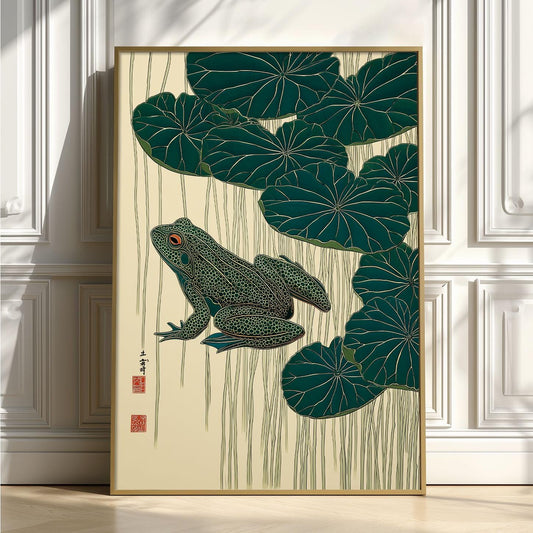 Frog and Lotus Wall Art Print - Japanese style botanical illustration