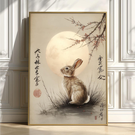Moonlit Rabbit Japanese Art Print – Watercolour Cherry Blossom Wall Decor