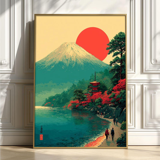 Japan Landscape Art Print - Mount Fuji Sunrise Wall Decor, Japanese Pagoda Coast Poster