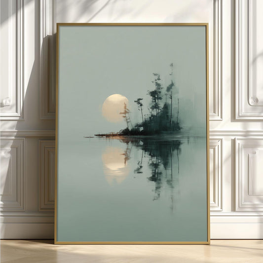 Japanese Landscape Print - Minimalist moonlit island art wall decor