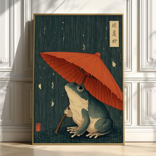 Japanese Frog Art Print – Ukiyo-e Style Toad Wall Art, Red Umbrella Poster