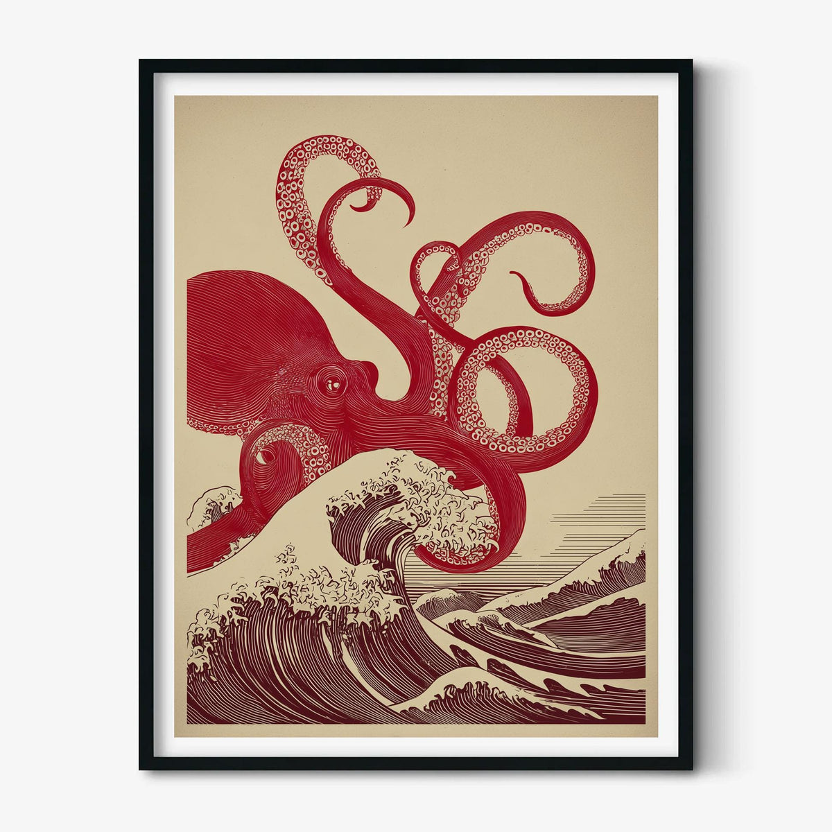 Japanese Octopus Print - Red Takō uUkiyo-e Wave Art Poster