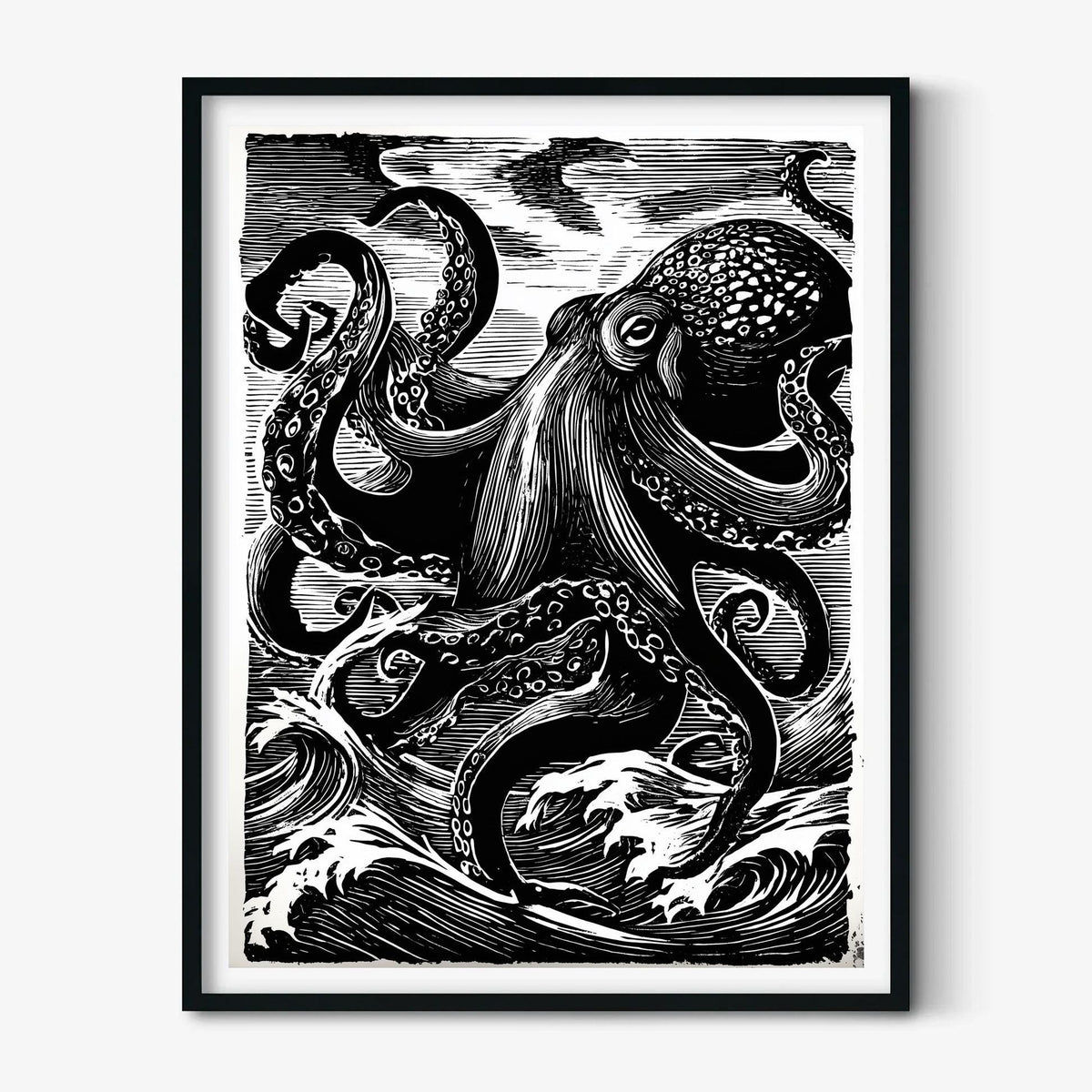 Japanese octopus print - black and white wave art - linocut wall decor