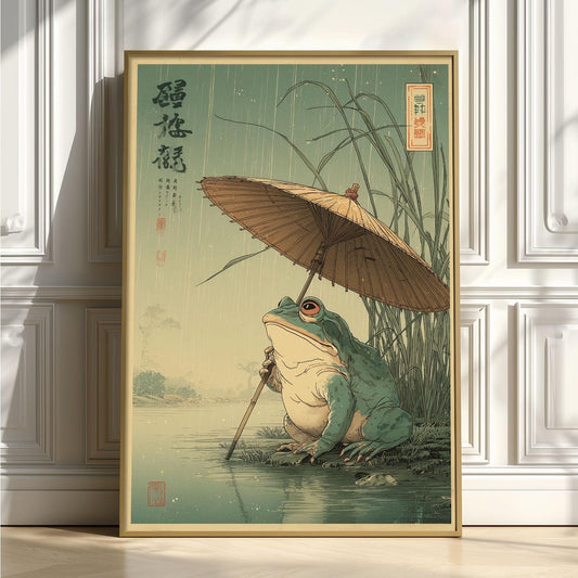 Frog with Umbrella Art Print - Japanese style wall decor, rainy pond illustration