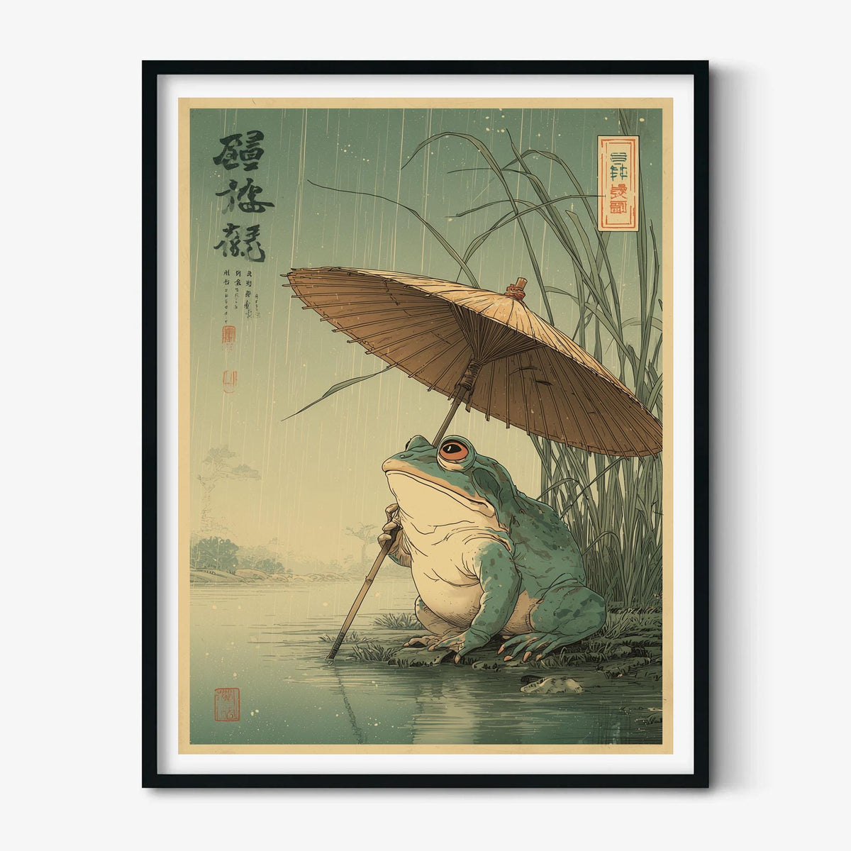 Frog with Umbrella Art Print - Japanese style wall decor, rainy pond illustration