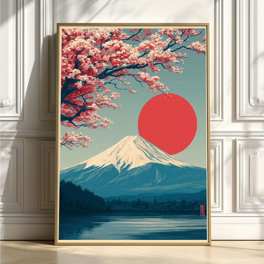 Mount Fuji Print - Japanese Wall Art with Red Sun and Cherry Blossoms