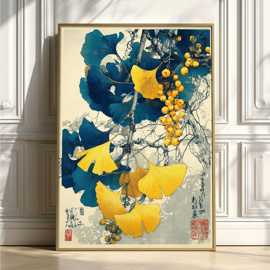 Ginkgo botanical print | Japanese art wall decor | Blue gold leaves poster
