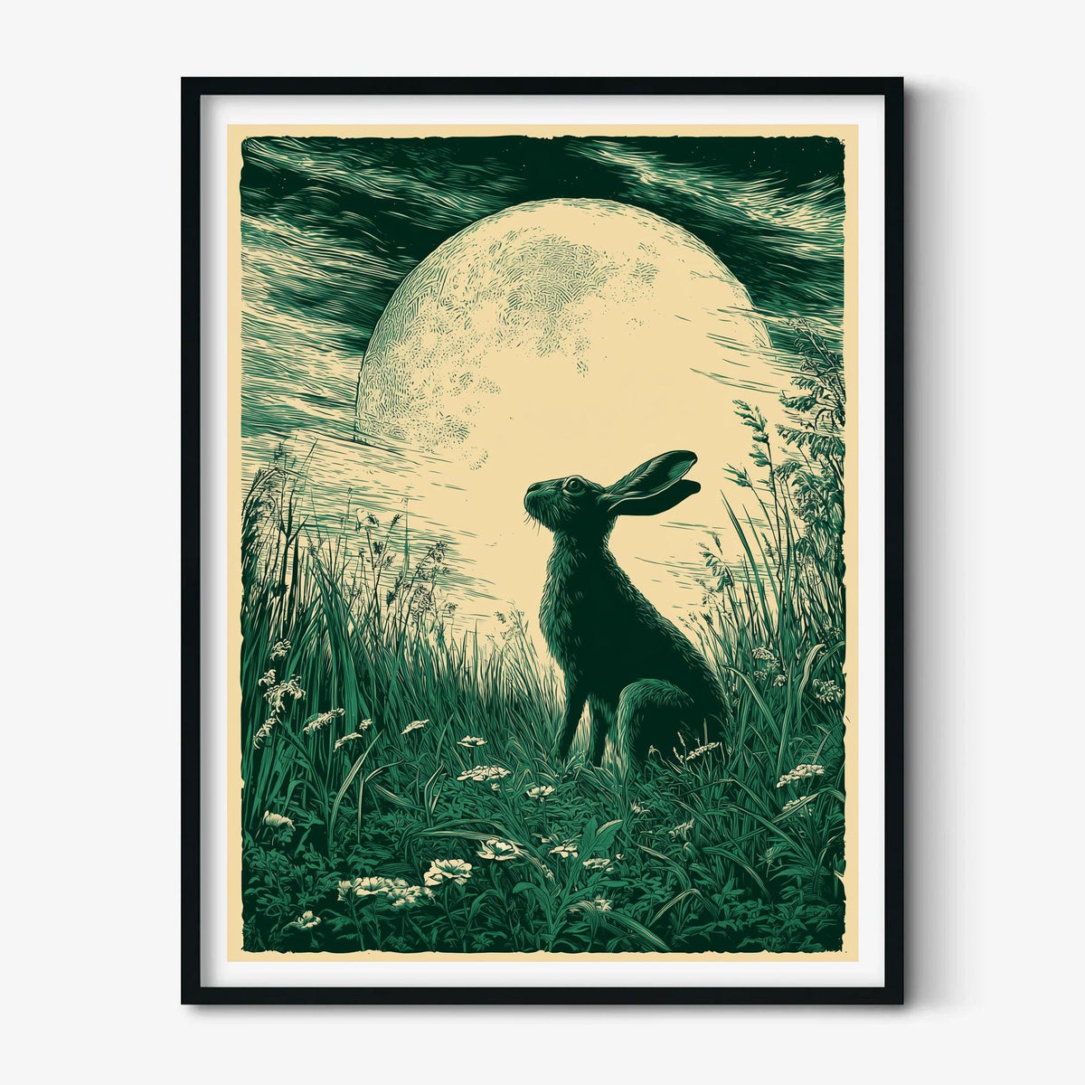Moonlit hare art print | woodland wall art | teal green night sky