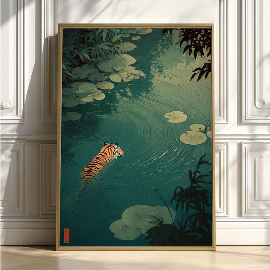 Jungle tiger poster | Calm water lily pond print | Minimal nature wall art