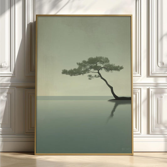 Bonsai Pine Art Print, Minimalist Japandi Seascape, Sage Green Wall Art