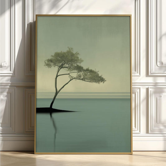 Pine Tree Poster Print, Sage Green Seascape, Japandi Wall Art