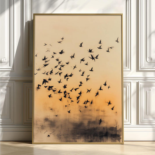 Flock of Birds Poster Print, Japanese Ink Wash Style, Sunset Wall Art