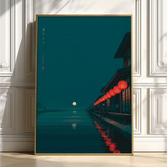 Japanese Lantern Wall Art Print, Ukiyo-e Night Canal, Teal Moon Decor