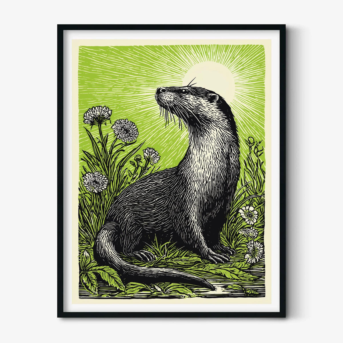 Otter Linocut Poster Print, Green Wildlife Illustration, Woodland Wall Art