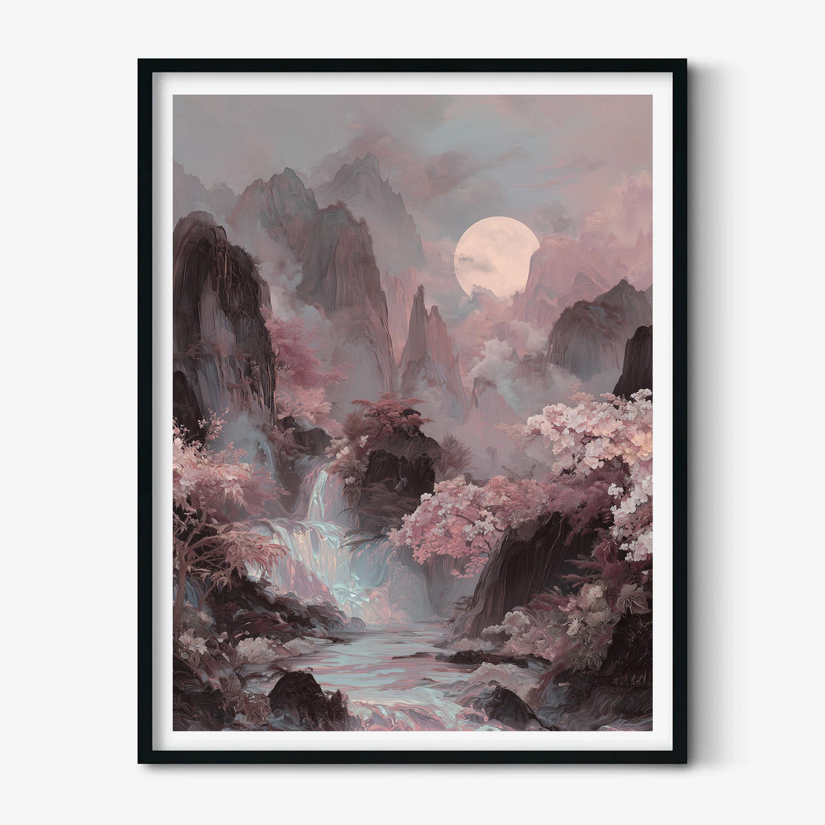 Iridescent Landscape Poster, Korean Mountain Scene, Moon Waterfall Wall Art