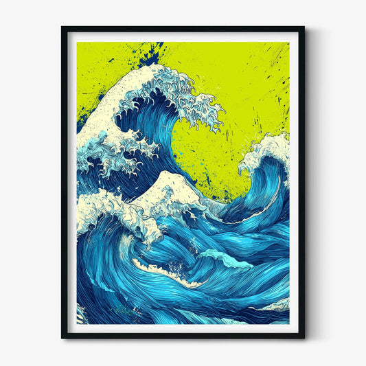 Blue Wave Wall Art, Japanese Pop Art Style, Lime Green Ocean Print
