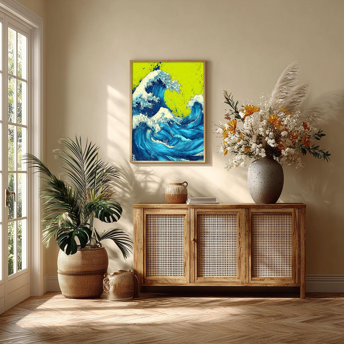 Blue Wave Wall Art, Japanese Pop Art Style, Lime Green Ocean Print