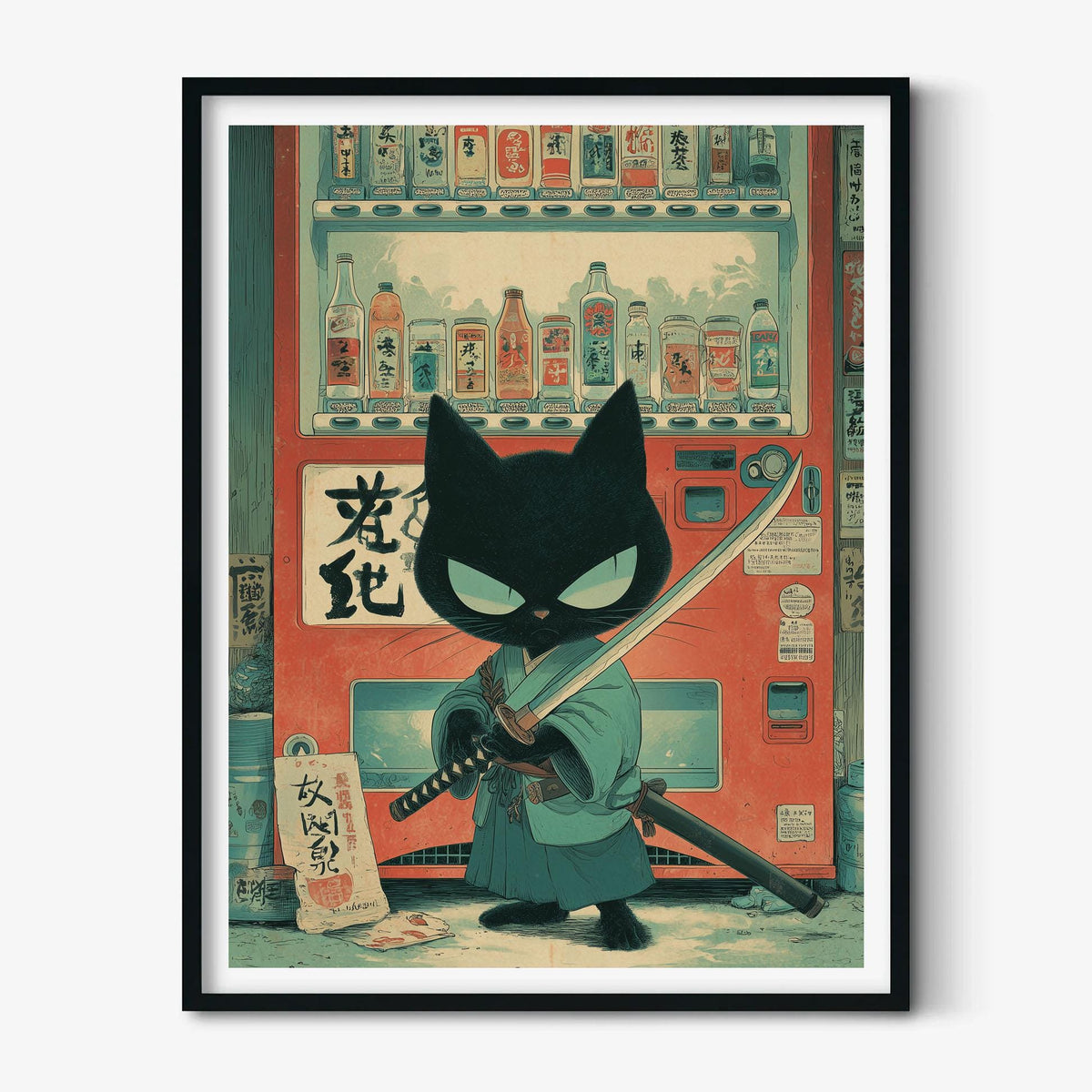 Samurai Cat Print, Japanese Vending Machine, Kawaii Anime Wall Art