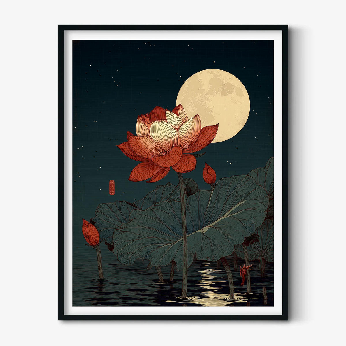 Red Lotus Print, Moonlit Pond Poster, Japanese Floral Decor