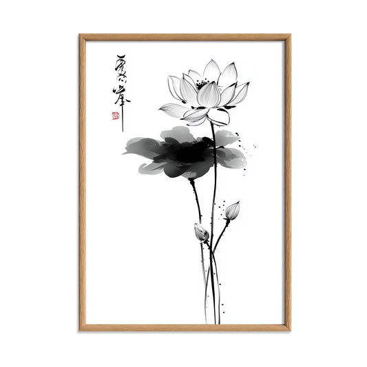 Lotus Flower Print, Japanese Ink Line Art, Minimal Floral Wall Art