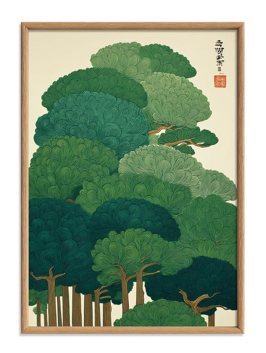 Green Forest Poster | Japanese Tree Art Print | Botanical Wall Art | Zen Nature Decor