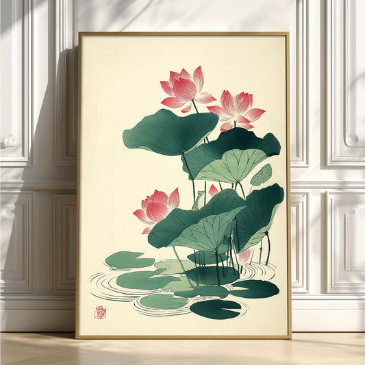 Lotus Flower Poster, Japanese Botanical Art Print, Floral Wall Art, Zen Bathroom Decor