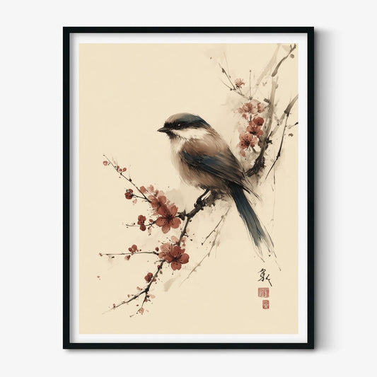 Japanese Bird Poster, Cherry Blossom Print, Floral Wall Art