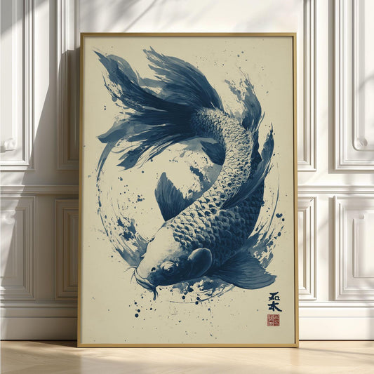 Koi Fish Art Print, Japanese Ink Painting, Blue Sumi E Wall Art