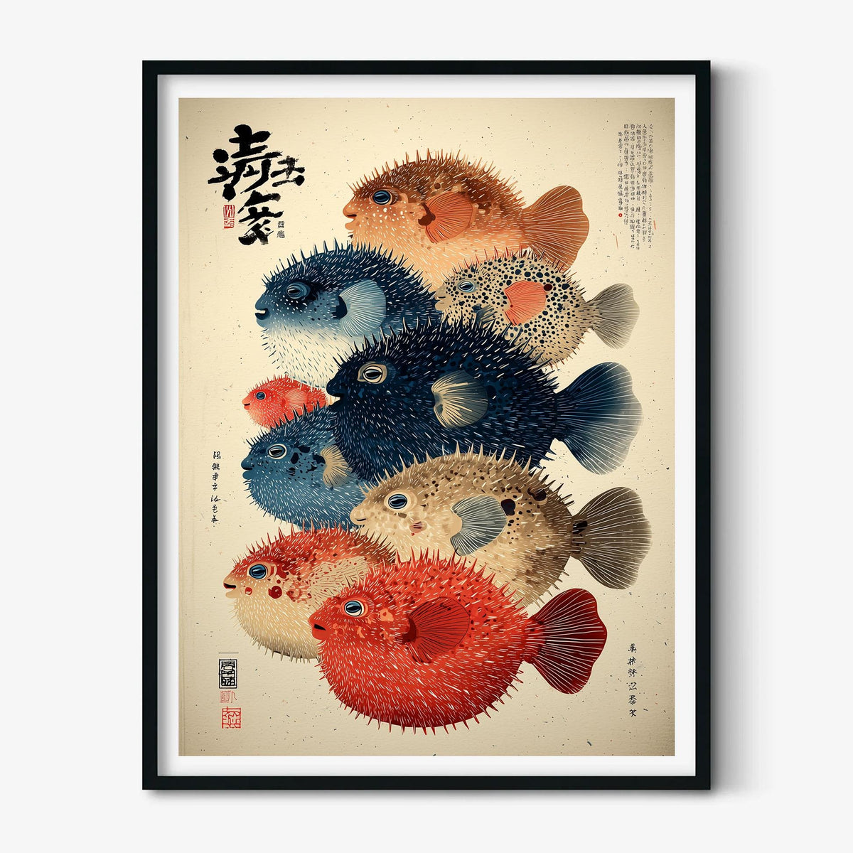 Puffer Fish Poster, Japanese Woodblock Print, Colourful Ocean Wall Art