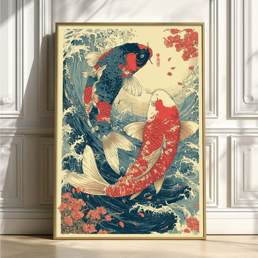 Koi Fish Poster, Japanese Woodblock Print, Ocean Wave Wall Art