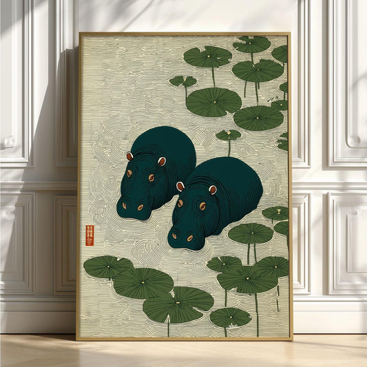 Hippo Print, Japanese Lily Pad Print, Green Pond Wall Art