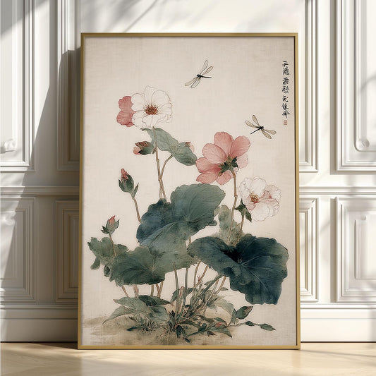 Pink Flower Art Print | Japanese Botanical Poster, Dragonfly Wall Art | Vintage Floral Decor
