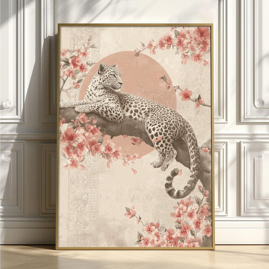 Leopard Wall Art | Vintage Floral Poster, Cherry Blossom Art Print | Oriental Decor