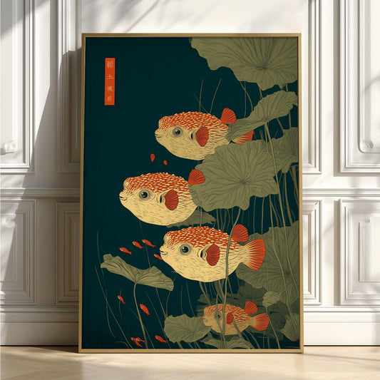 Puffer Fish Poster | Japanese Pond Art Print, Lotus Leaf Wall Art | Nautical Decor