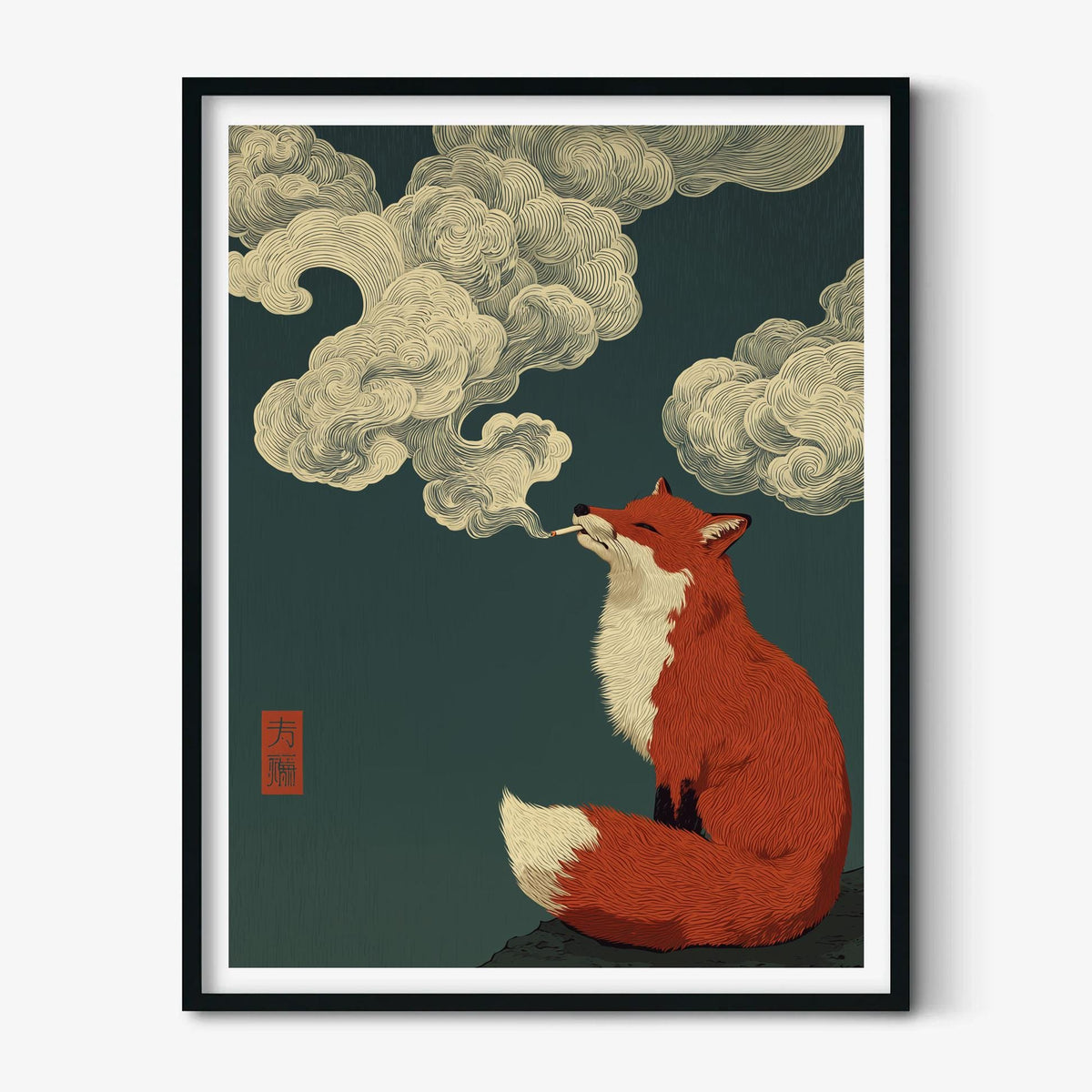Smoking Fox Poster | Japanese Cloud Art Print, Red Fox Wall Art | Quirky Woodland Decor