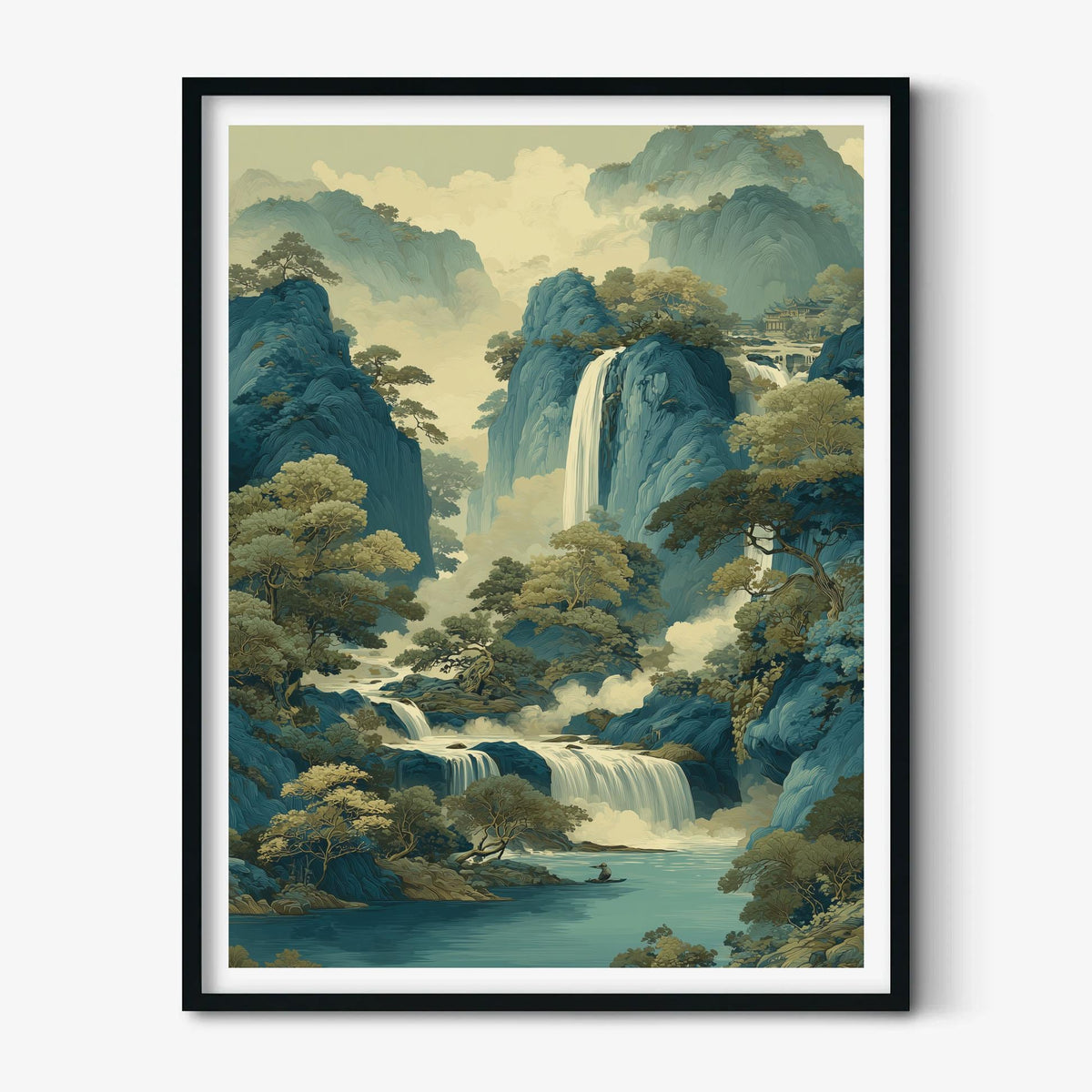 Mountain Waterfall Wall Art | Chinese Landscape Poster | Blue River Art Print | Zen Nature Decor