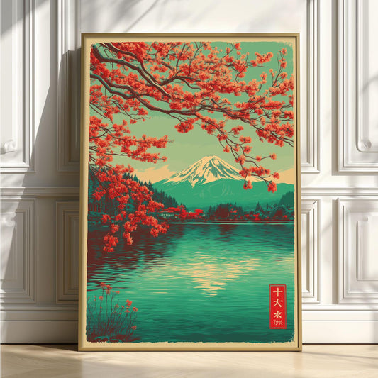 Mount Fuji Wall Art | Cherry Blossom Poster | Japanese Lake Art Print | Vintage Travel Decor